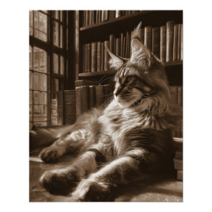 Regal Sepia Maine Coon Library Cat Art Poster