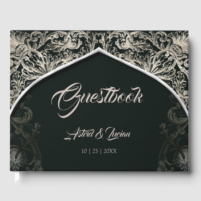 Regal Silver Flourish Hunter Green Wedding Guest Book (Front)