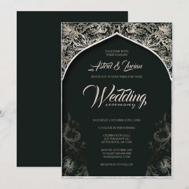 Regal Silver Flourish Hunter Green Wedding Invitation (Front/Back)