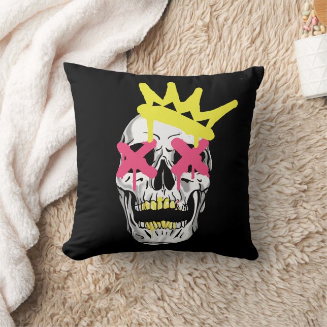 Regal Skull: Pink X-Eyed Crowned Art Cushion (Blanket)