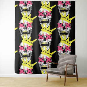 Regal Skull: Pink X-Eyed Crowned Art Tapestry