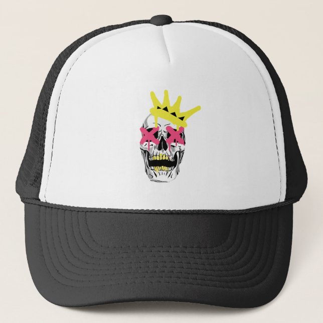 Regal Skull: Pink X-Eyed Crowned Art Trucker Hat (Front)