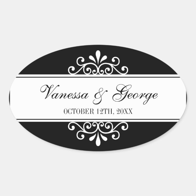 Regal swirl black oval out of town gift bag favour sticker (Front)