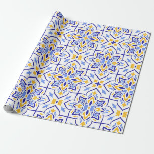 Regal Symphony Blue and Gold Luxury Mediterranean Wrapping Paper
