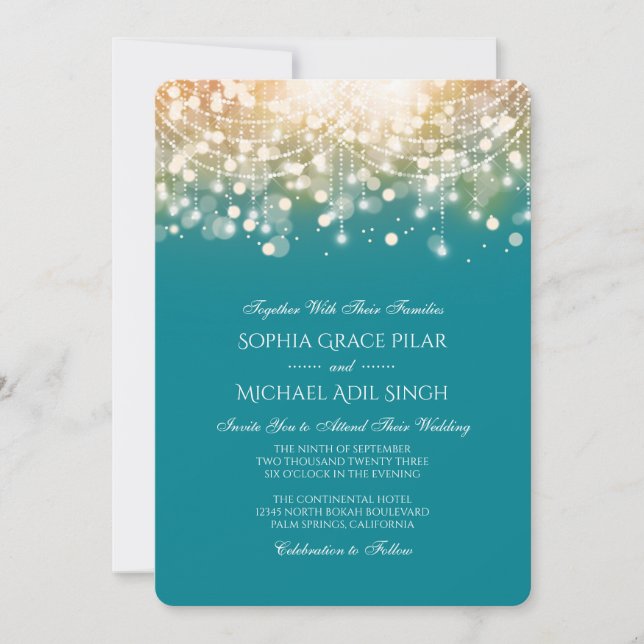 Regal Turquoise and Gold Bokeh Lights Invitation (Front)