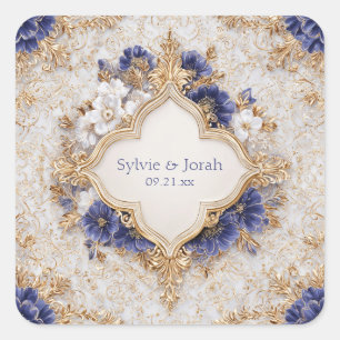 Regal Victorian Blue and Gold Floral Elegance Square Sticker