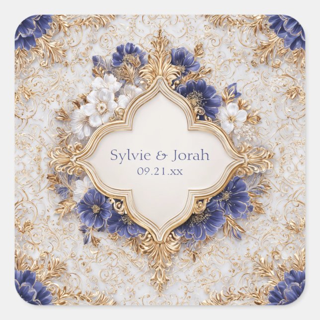 Regal Victorian Blue and Gold Floral Elegance Square Sticker (Front)