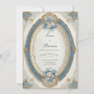 Regal Victorian Gold Blue Oval Frame Wedding Invitation