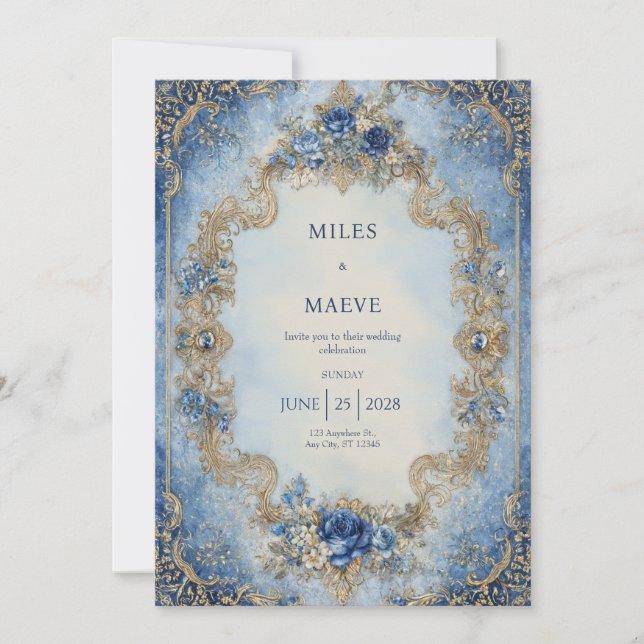 Regal Victorian Sapphire Blue Gold Floral Wedding Invitation (Front)