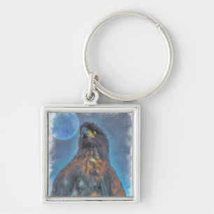 Regal Young Bald Eagle and Moon Painting Key Ring