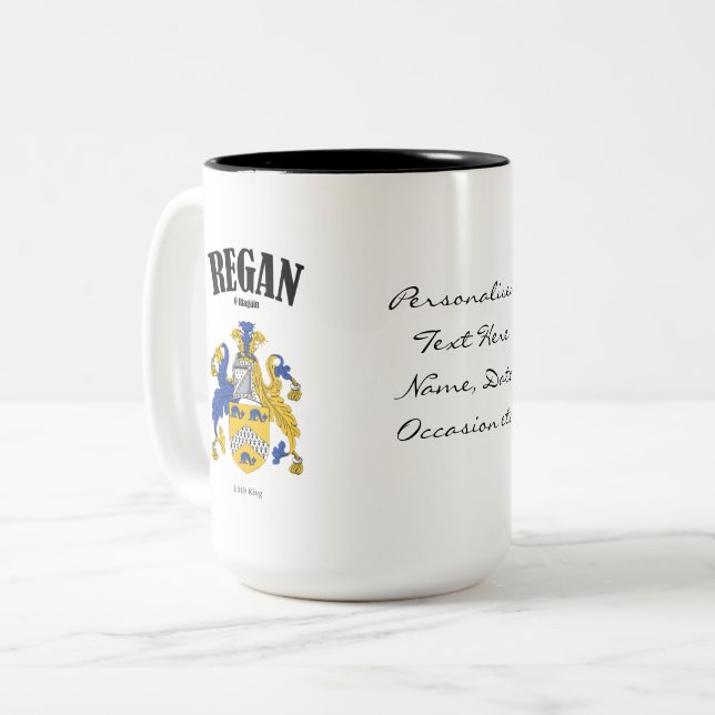 Regan Family Crest, Translation & Meaning Two-Tone Coffee Mug (Front Left)