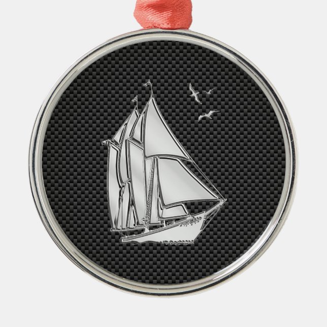 Regatta Sailboat on Carbon Fibre Style Metal Tree Decoration (Front)