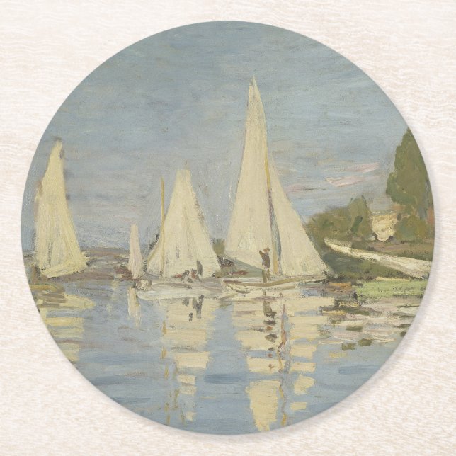 Regattas at Argenteuil, OIl Painting, Claude Monet Round Paper Coaster (Front)