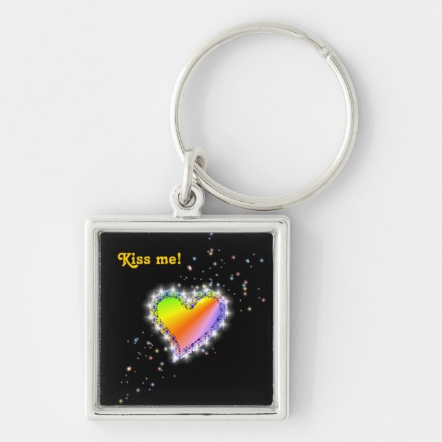 Regenbogen-Herz mit Sternchen auf schwarz Key Ring (Front)