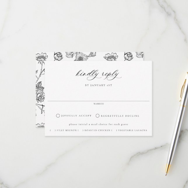 Regency Black Floral Meal Choice Wedding RSVP Card (Front/Back In Situ)