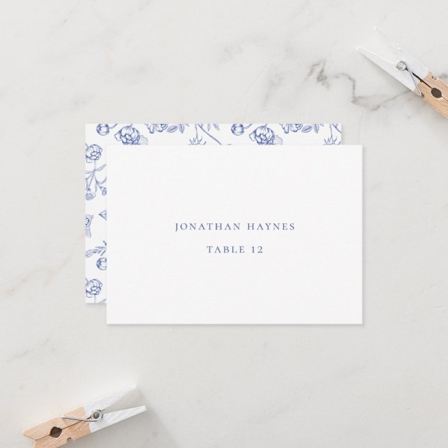 Regency Blue Chinoiserie Floral Wedding Place Card (Front/Back In Situ)