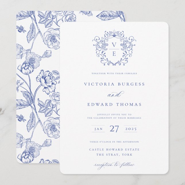 Regency Blue Crest Monogram Invitation (Front/Back)