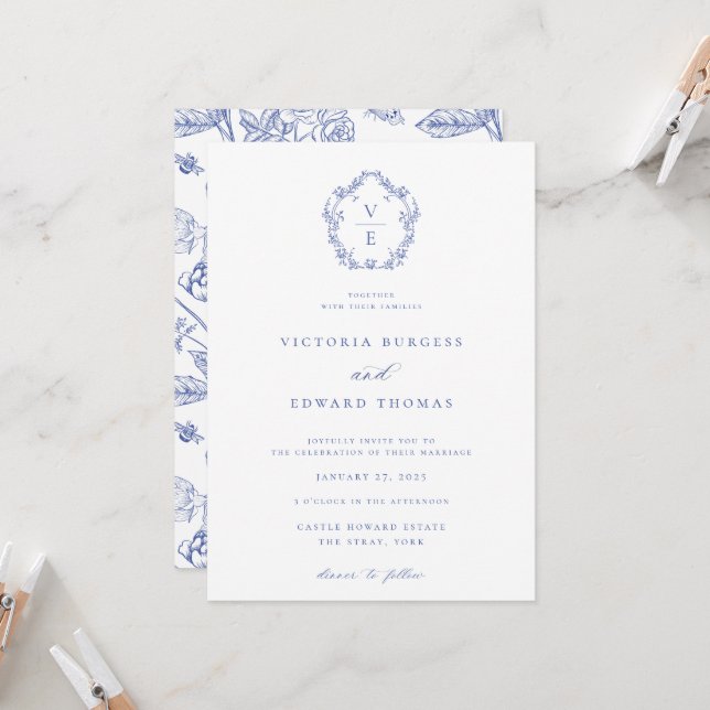 Regency Blue Crest Monogram Wedding Invitation (Front/Back In Situ)