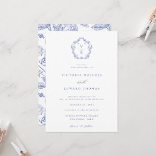 Regency Blue Crest Monogram Wedding Invitation
