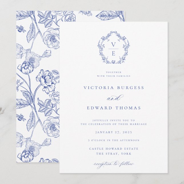 Regency Blue Crest Monogram Wedding Invitation (Front/Back)