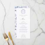 Regency Blue Crest Monogram Wedding Menu<br><div class="desc">Vintage Regency Blue Crest monogram,  wedding menu. Vintage inspired Baroque style crest with coordinating blue typography. Features,  elegant Chinoiserie Style garden floral pattern backing.</div>