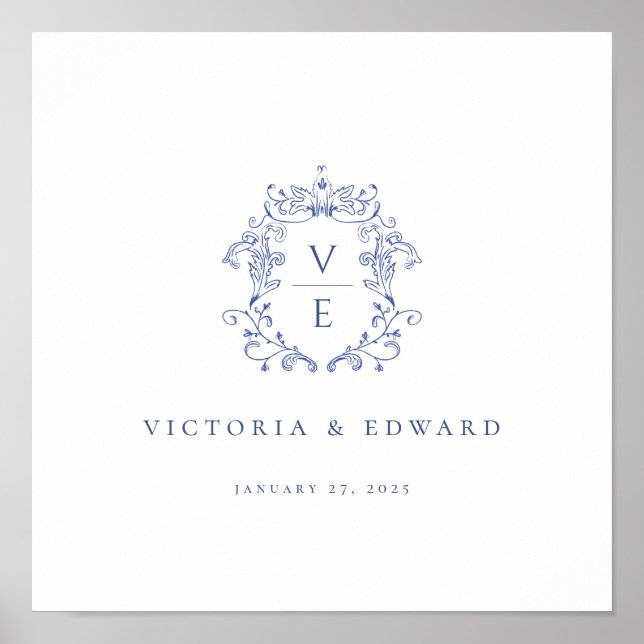Regency Blue Crest Monogram Wedding Poster (Front)