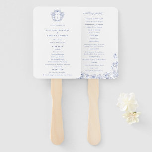 Regency Blue Crest Monogram Wedding Program Hand Fan