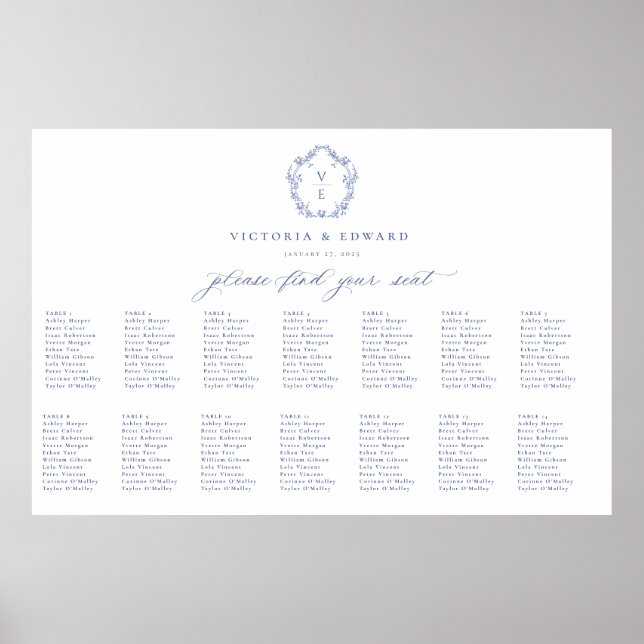 Regency Blue Crest Monogram Wedding Seating Chart (Front)