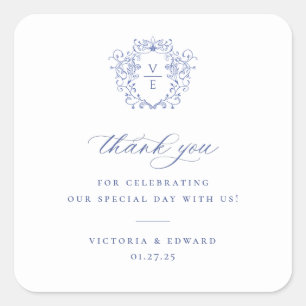 Regency Blue Crest Monogram Wedding Thank You Square Sticker