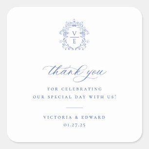 Regency Blue Crest Monogram Wedding Thank You Square Sticker