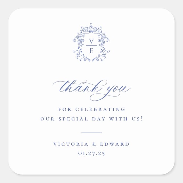 Regency Blue Crest Monogram Wedding Thank You Square Sticker (Front)