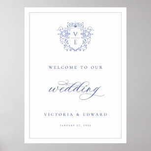 Regency Blue Crest Monogram Wedding Welcome Poster