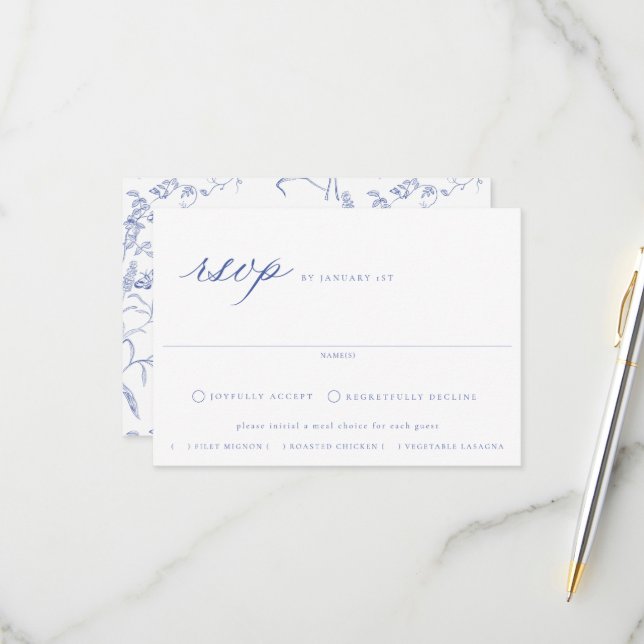 Regency Blue Floral Meal Choice Wedding RSVP Card (Front/Back In Situ)