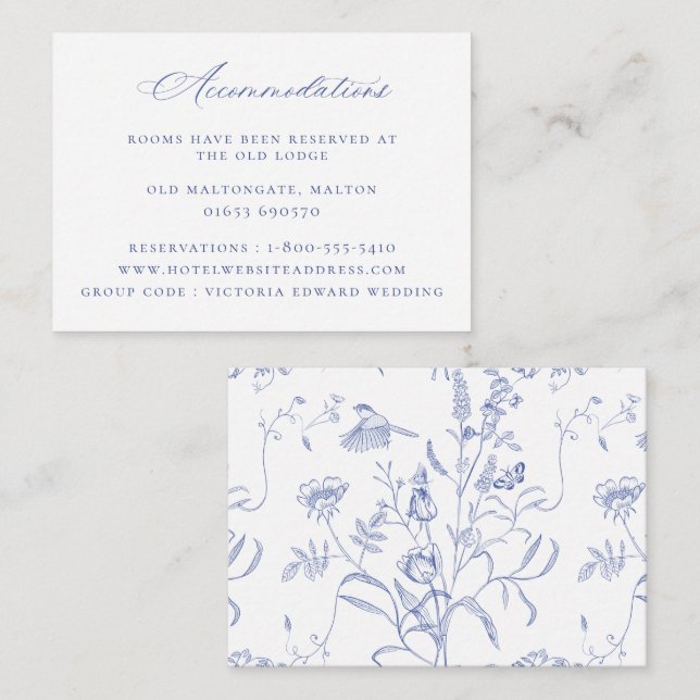 Regency Blue Floral Wedding Accommodations Enclosure Card (Front/Back)