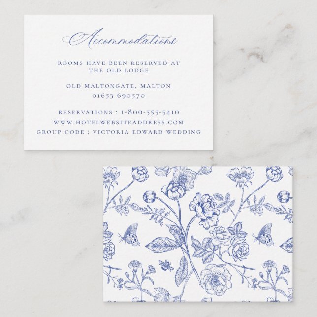 Regency Blue Floral Wedding Accommodations Enclosure Card (Front/Back)