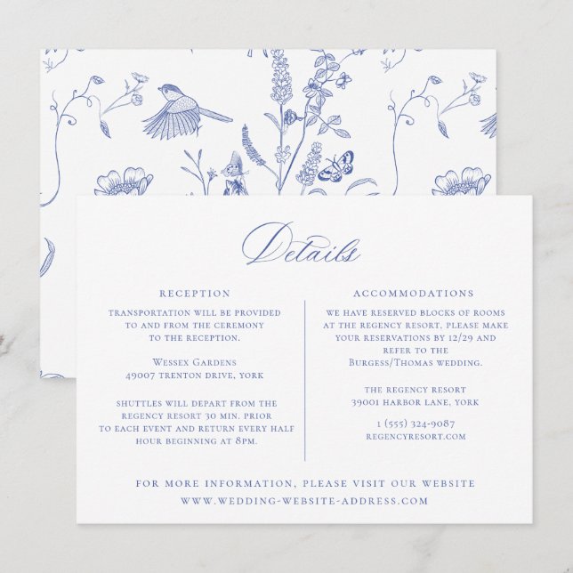 Regency Blue Floral Wedding Details Card (Front/Back)