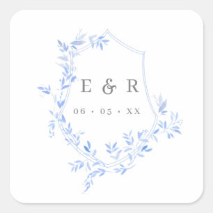 Regency Blue Leaves Crest Monogram Square Sticker