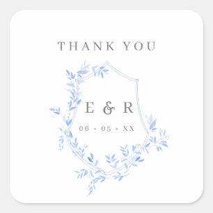 Regency Blue Leaves Crest Monogram Thank You Square Sticker