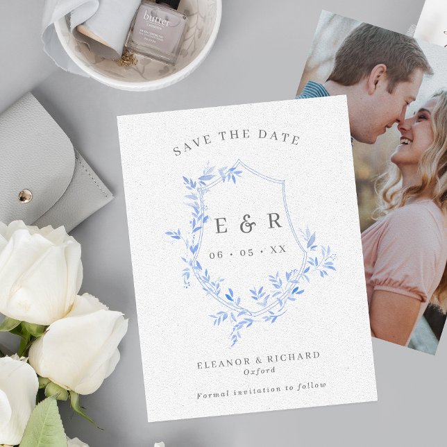 Regency Blue Leaves Crest Monogram Wedding Photo Save The Date (Creator Uploaded)