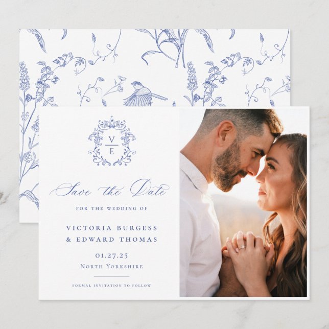 Regency Blue Monogram Crest Wedding Photo Save The Date (Front/Back)