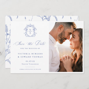 Regency Blue Monogram Crest Wedding Photo Save The Date