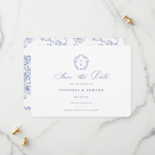 Regency Blue Monogram Crest Wedding Save The Date