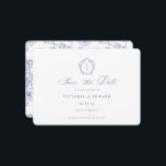 Regency Blue Monogram Crest Wedding Save The Date<br><div class="desc">Regency Blue Monogram Crest,  wedding save the date card. Vintage inspired crest in Baroque Style with Chinoiserie Garden Floral Pattern Backing.</div>