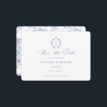 Regency Blue Monogram Crest Wedding Save The Date<br><div class="desc">Regency Blue Monogram Crest,  wedding save the date card. Vintage inspired crest in Baroque Style with Chinoiserie Garden Floral Pattern Backing.</div>