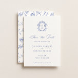 Regency Blue Monogram Crest Wedding Save The Date<br><div class="desc">Regency Blue Monogram Crest,  wedding save the date card. Vintage inspired crest in Baroque Style with Chinoiserie Garden Floral Pattern Backing.</div>