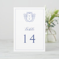 Regency Blue Monogram Crest Wedding Table Number