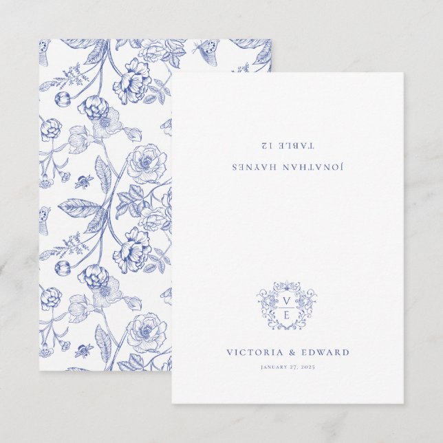 Regency Blue Ornamental Crest Wedding Place Card (Front/Back)