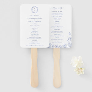 Regency Blue Ornate Crest Monogram Wedding Program Hand Fan