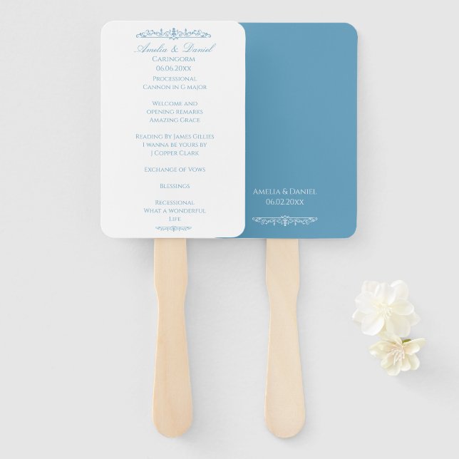 Regency Blue & White wedding Ceremony Program Hand Fan (Front and Back)