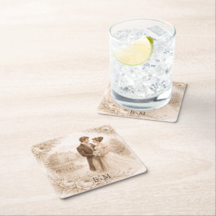 Regency Botanical Engraving Wedding Square Paper Coaster
